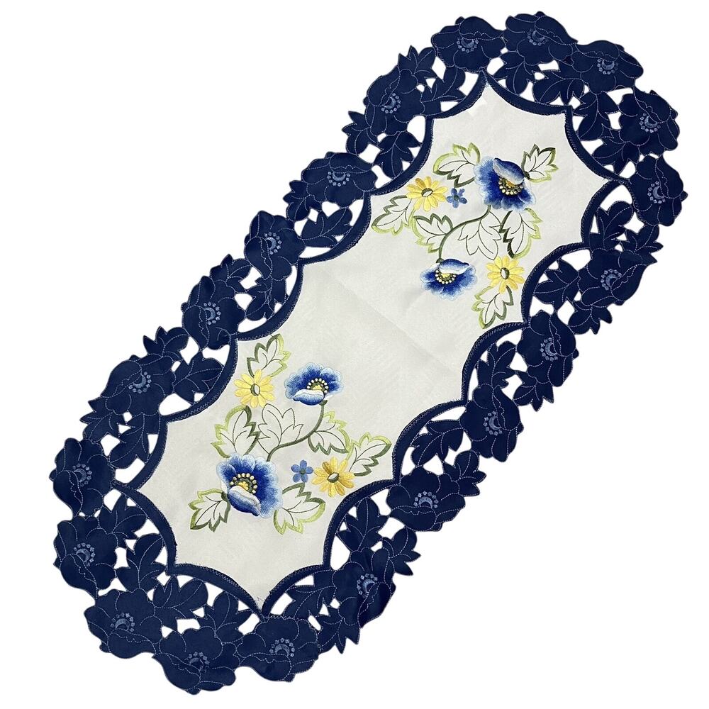 Floral Table Runner Machine Embroidered and Cut Blue Lace Trim 15x34 Polyester
